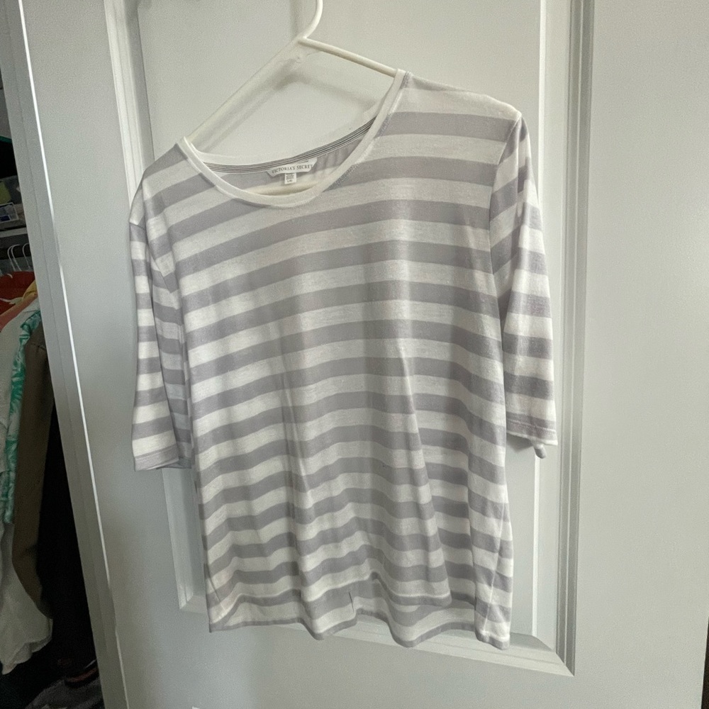 Large Victoria Secret grey and white striped too with 3/4” sleeve, circle neck.